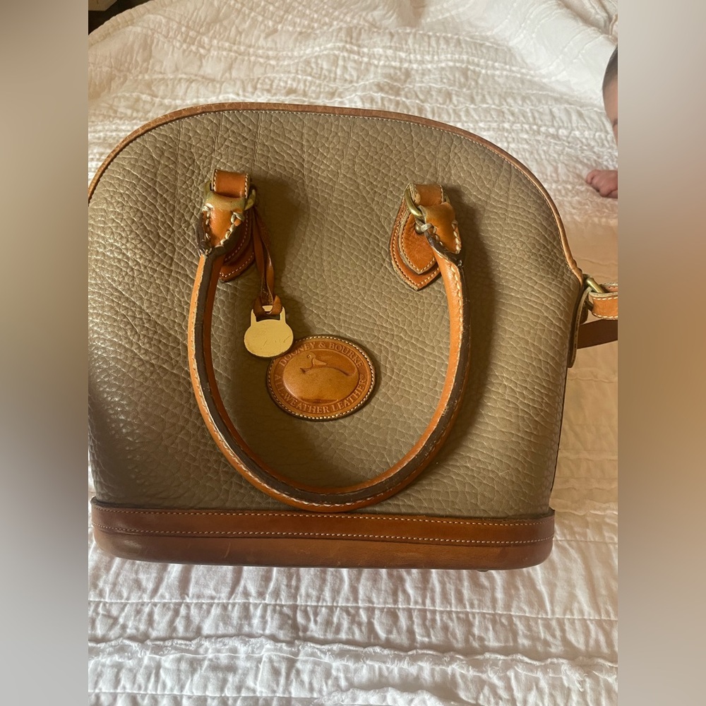 Dooney & Bourke Taupe Pebbled Leather Dome Satchel with Tan Trim